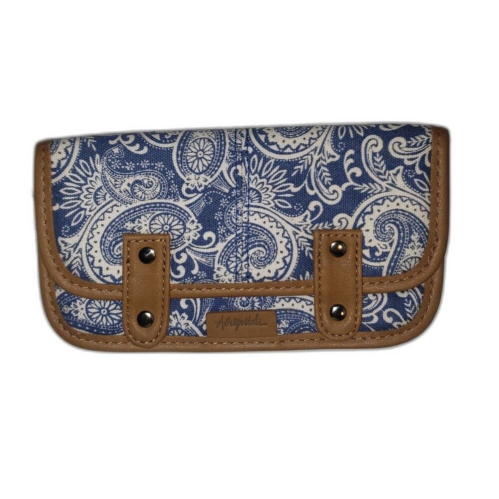 AEROPOSTALE Blue White Paisley Fabric Wallet with Tan Faux Leather Strap NEW